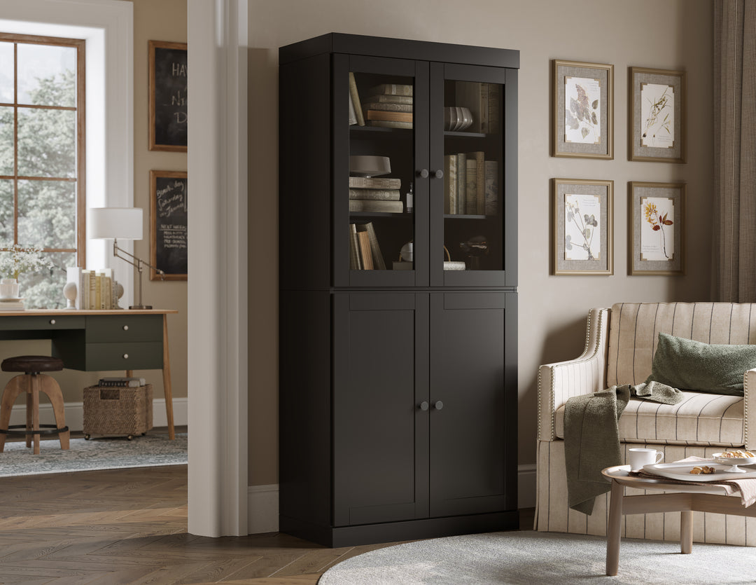 100% Solid Wood 6-Shelf 32" Bookcase, 2 Glass Doors, 2 Shaker Wood Doors, Adjustable Shelves