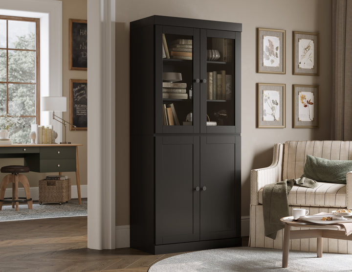 100% Solid Wood 6-Shelf 32" Bookcase, 2 Glass Doors, 2 Shaker Wood Doors, Adjustable Shelves