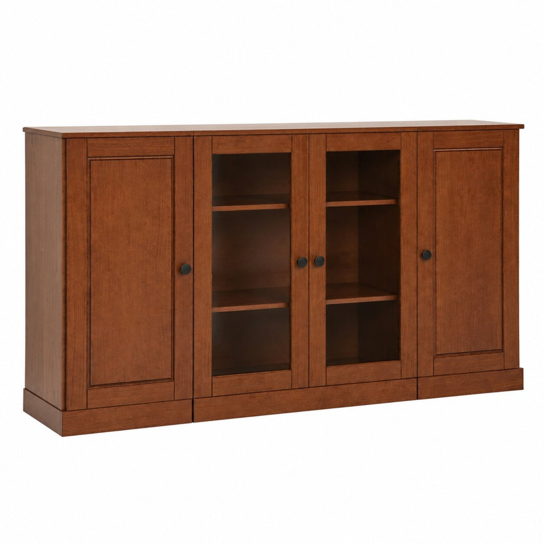 100% Solid Wood TV Stand with Raised Panel, Clear Glass Doors and Adjustable Shelves for TVs up to 65"