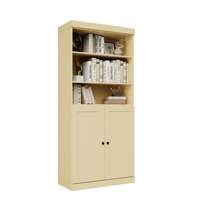 100% Solid Wood 6-Shelf 32" Bookcase Cabinet, 2 Solid Shaker Wood Doors, Adjustable Shelves