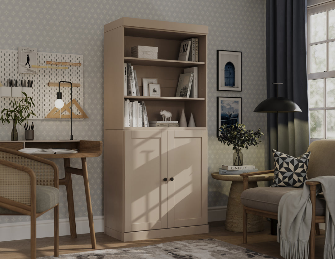 100% Solid Wood 6-Shelf 32" Bookcase Cabinet, 2 Solid Shaker Wood Doors, Adjustable Shelves