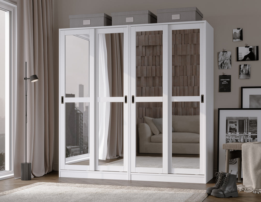 100% Solid Brazilian Pine Wood 4-Sliding Wardrobe with Mirrored Doors
