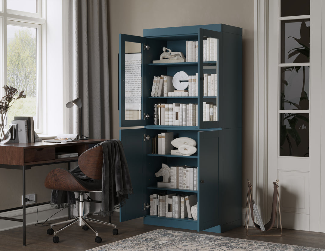 100% Solid Wood 6-Shelf 32" Bookcase, 2 Glass Doors, 2 Shaker Wood Doors, Adjustable Shelves