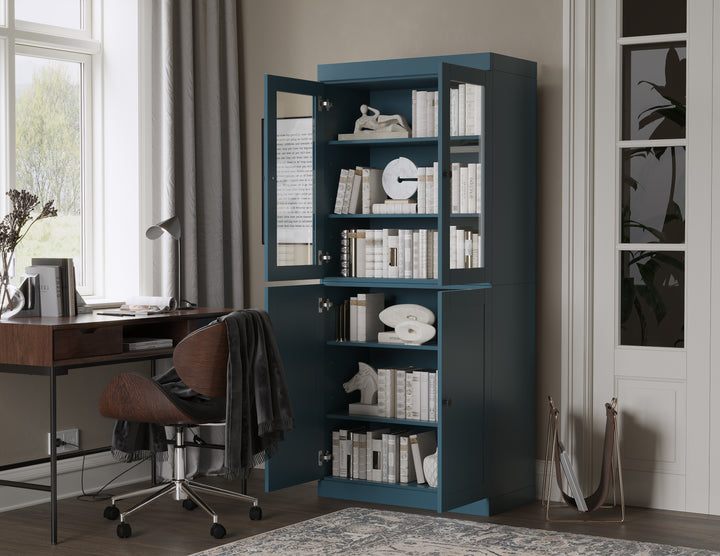 100% Solid Wood 6-Shelf 32" Bookcase, 2 Glass Doors, 2 Shaker Wood Doors, Adjustable Shelves