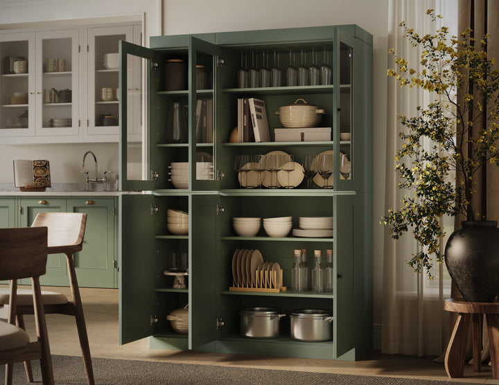 100% Solid Wood 48.5" China Pantry Cabinet, 3 Glass Doors, 3 Shaker Doors