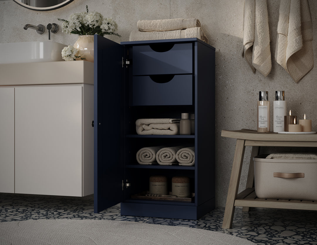 100% Solid Wood Bathroom Storage Cabinet, Raised Panel Door, 2 Drawers, Adjustable Shelves, 16.5" Wide, 35.75" Tall