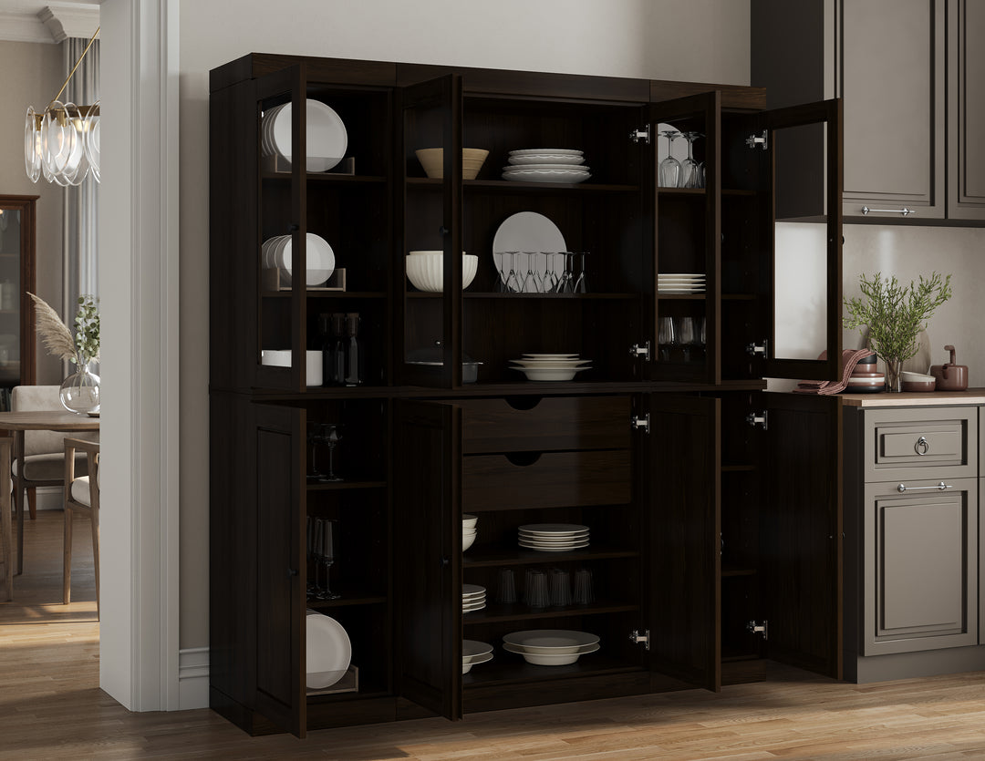 100% Solid Wood Kitchen Pantry Cabinet, Tall Freestanding Modular Storage with Glass & Raised Panel Doors & 2 Drawers, Adjustable Shelves, 65" W x 71.5" H