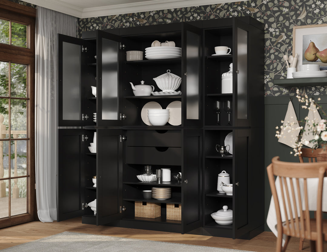 Black 65" Solid Wood Kitchen Pantry Cabinet with Frosted Glass & Shaker Doors & 2 Drawers