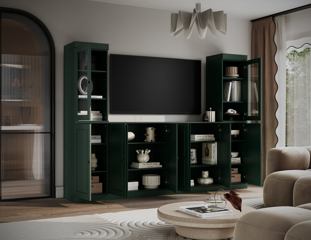 100% Solid Wood 6-Piece Entertainment Center Wall Unit with Storage, Glass & Raised Panel Doors, Adjustable Shelves, 97" W x 71.5" H