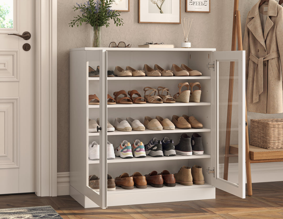 100% Solid Wood Glass Door Shoe Storage Cabinet with Adjustable Shelves, Space Saving Stackable Entryway Organizer, 32" W x 35.75" H
