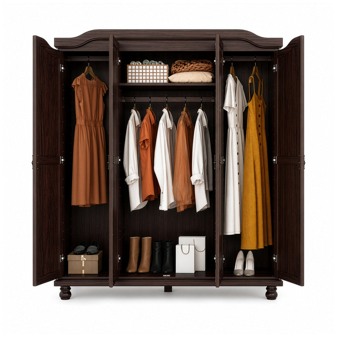 100% Solid Wood 4-Door Wardrobe Armoire with Raised Panel Doors, Bedroom Closet Storage - Kyle Collection