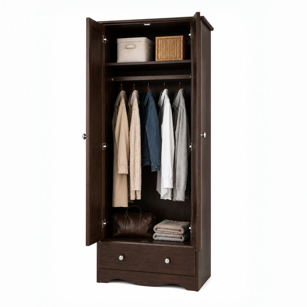 100% Solid Wood 2-Door Wardrobe Armoire with Raised Panel Doors, Bedroom Closet Storage - Flexible Collection with Metal Knobs