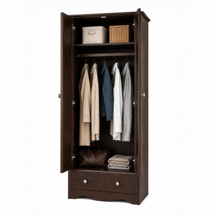 100% Solid Wood 2-Door Wardrobe Armoire with Raised Panel Doors, Bedroom Closet Storage - Flexible Collection with Metal Knobs