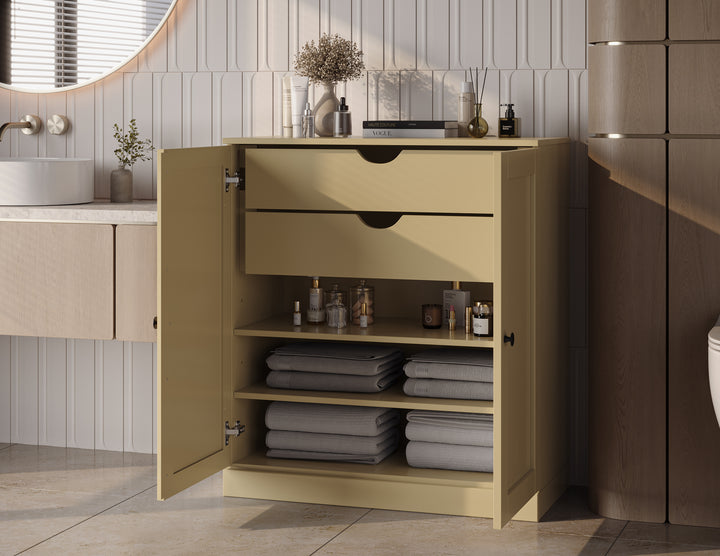 100% Solid Brazilian Pine Wood Bathroom Storage Cabinet, Shaker Doors, 2 Drawers, Adjustable Shelves, 32" Wide, 35.75" Tall