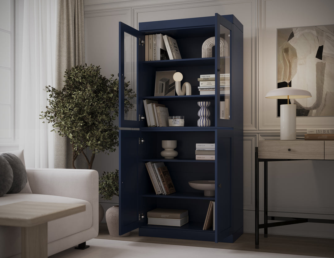 100% Solid Wood 6-Shelf 32" Bookcase, 2 Glass Doors, 2 Shaker Wood Doors, Adjustable Shelves