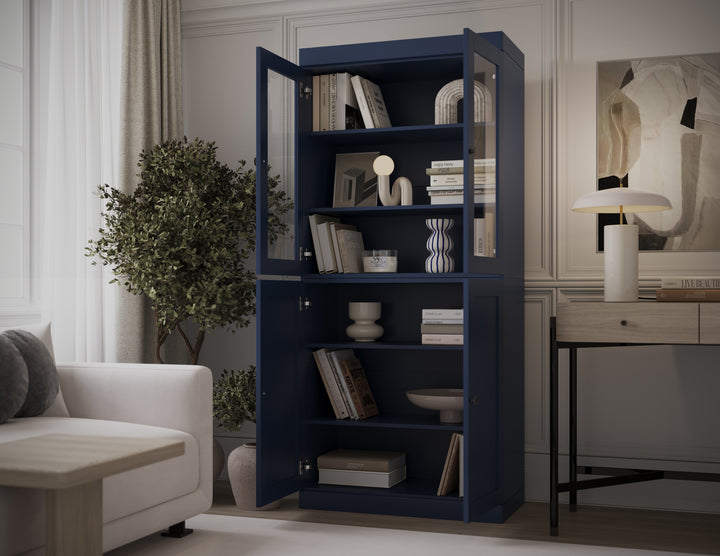 100% Solid Wood 6-Shelf 32" Bookcase, 2 Glass Doors, 2 Shaker Wood Doors, Adjustable Shelves