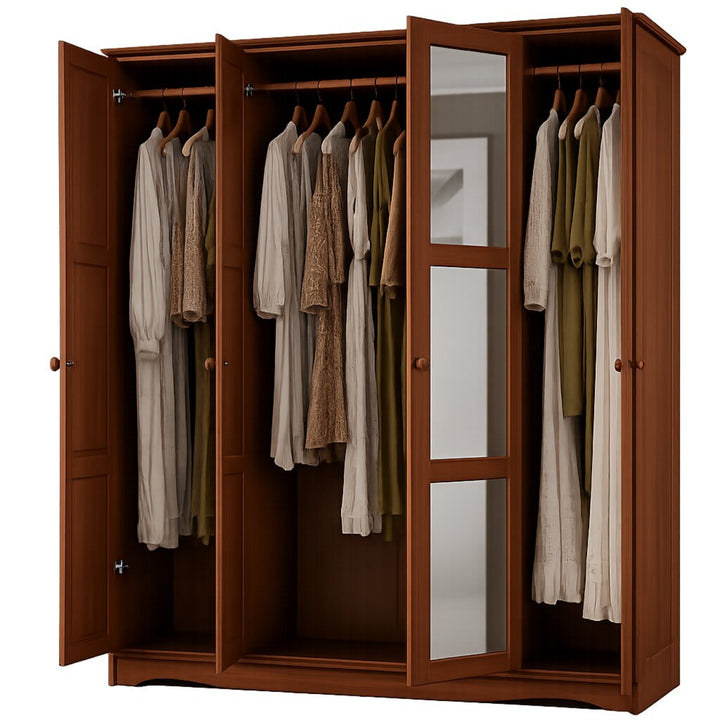 100% Solid Wood 4-Door Wardrobe Armoire with Mirrored Doors, Bedroom Closet Storage - Regal Collection
