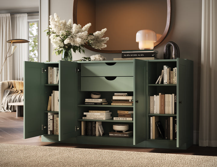 100% Solid Brazilian Pine Wood Sideboard, Shaker Doors, 2 Drawers, Adjustable Shelves, 65" Wide, 35.75" Tall