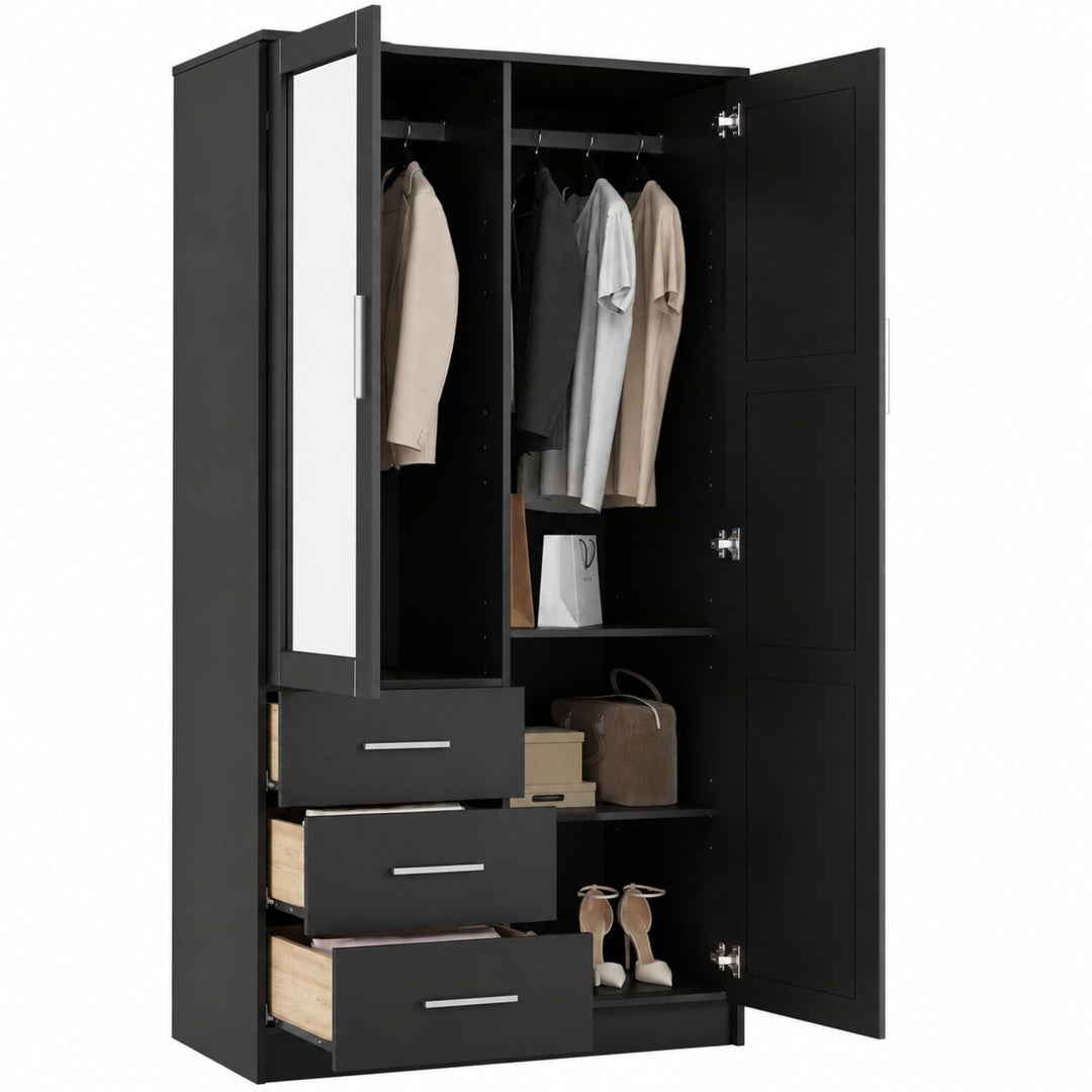 100% Solid Wood 2-Door Wardrobe Armoire with Mirrored Doors, Bedroom Closet Storage - Metro Collection