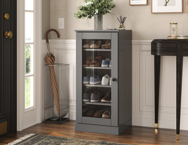 100% Solid Wood Narrow Glass Door Shoe Storage Cabinet with Adjustable Shelves, Space Saving Stackable Organizer, 16.5" W x 35.75" H