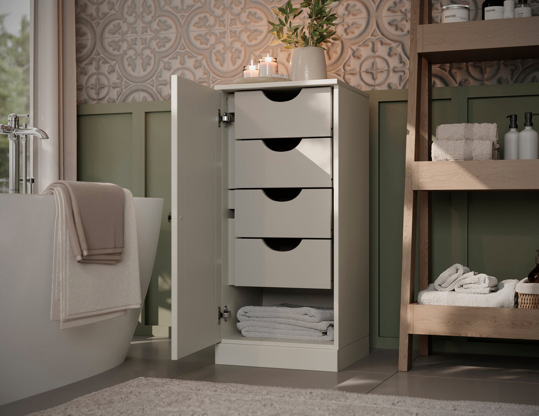 100% Solid Wood Bathroom Storage Cabinet, Raised Panel Door, 4 Drawers, Adjustable Shelves, 16.5" Wide, 35.75" Tall