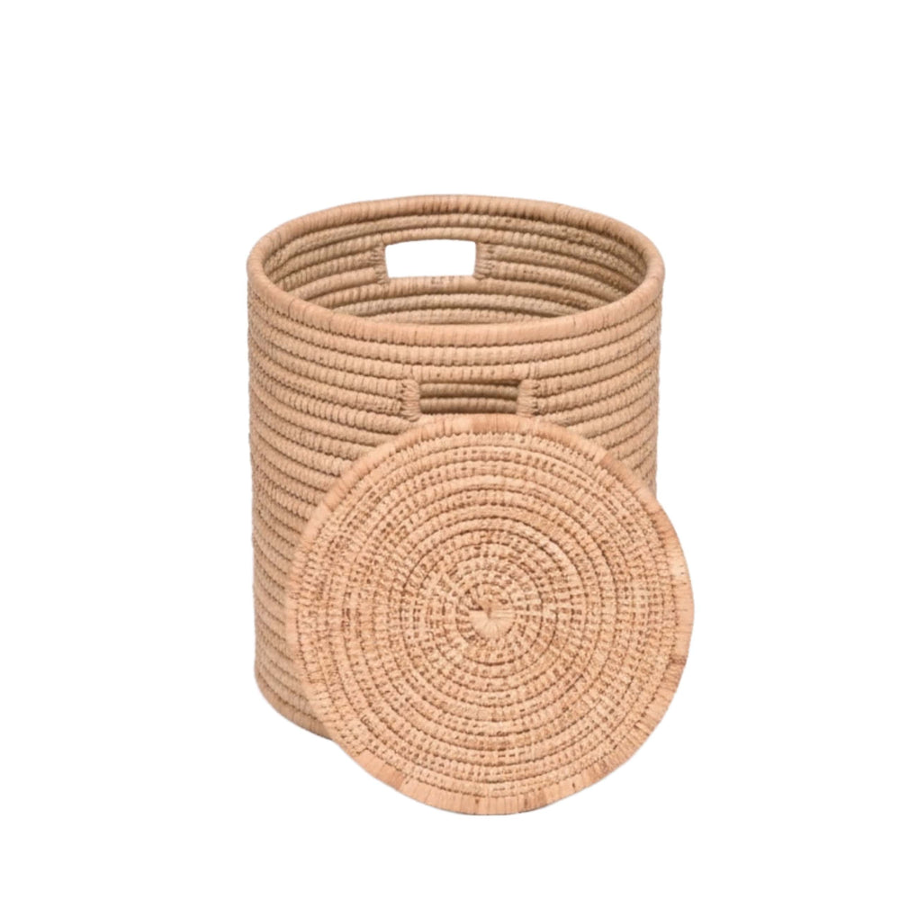 100% Handwoven Natural Rattan 19" Round Basket with Lid & Handles, Boho Farmhouse Decorative Laundry & Storage Organizer, Handcrafted – Authentic African Craftsmanship, Baskets - Palace Imports