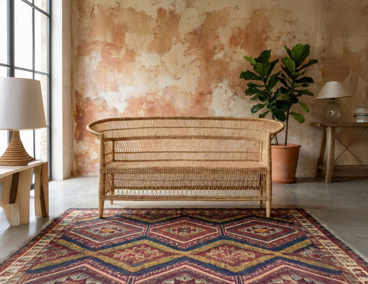 100% Handwoven Natural Rattan 3-Seater Indoor Settee with Solid Wood Frame, Boho Coastal Farmhouse Accent Seating – Authentic African Craftsmanship