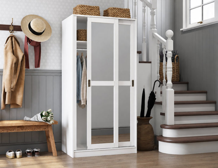 100% Solid Wood 2-Sliding Wardrobe with Mirrored Doors