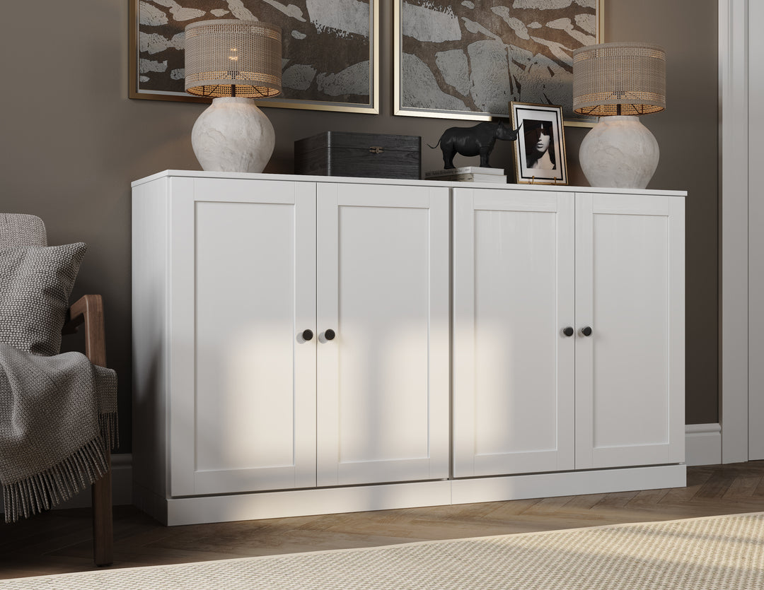 100% Solid Brazilian Pine Wood 64" Sideboard with Shaker Doors, 4-Drawers and Adjustable Shelves