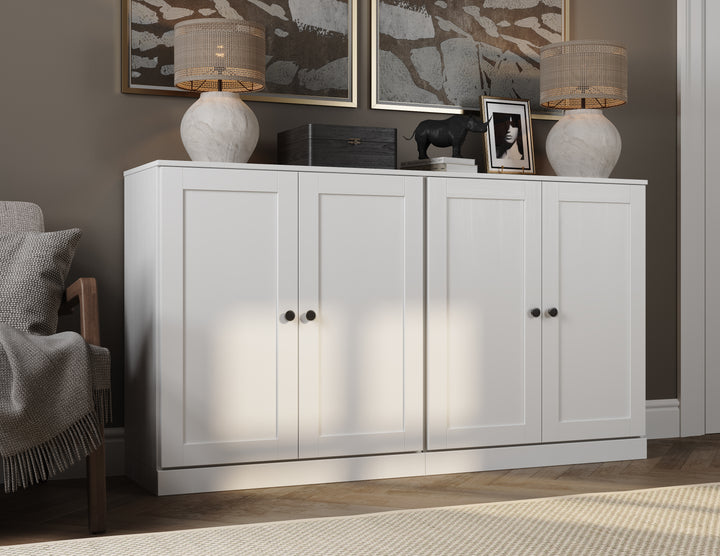 100% Solid Brazilian Pine Wood 64" Sideboard with Shaker Doors, 4-Drawers and Adjustable Shelves