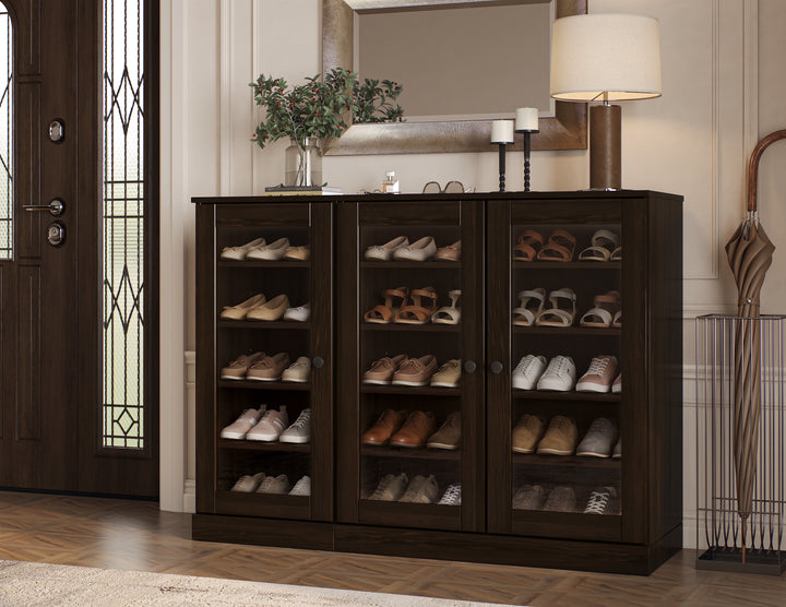 100% Solid Wood Glass Door Shoe Storage Cabinet, Adjustable Shelves, Space Saving Modular Entryway Organizer, 48.5" W x 35.75" H
