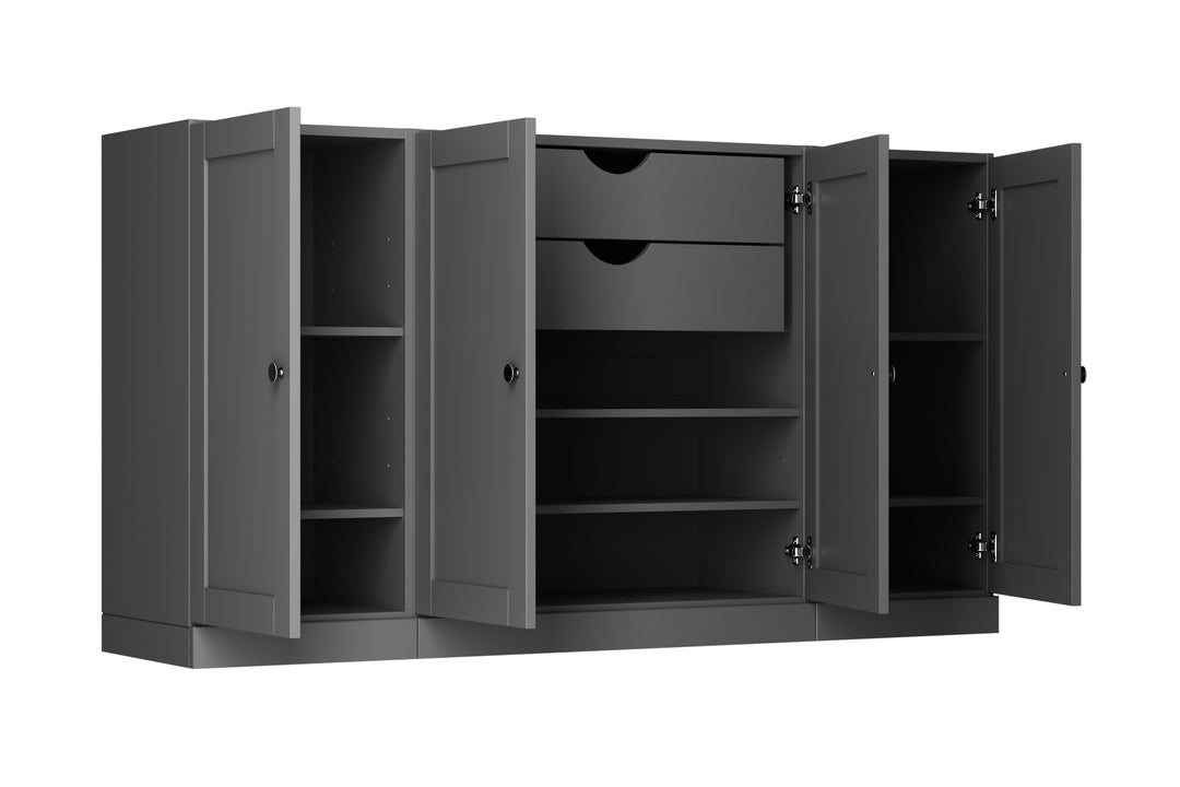 100% Solid Brazilian Pine Wood Sideboard, Shaker Doors, 2 Drawers, Adjustable Shelves, 65" Wide, 35.75" Tall