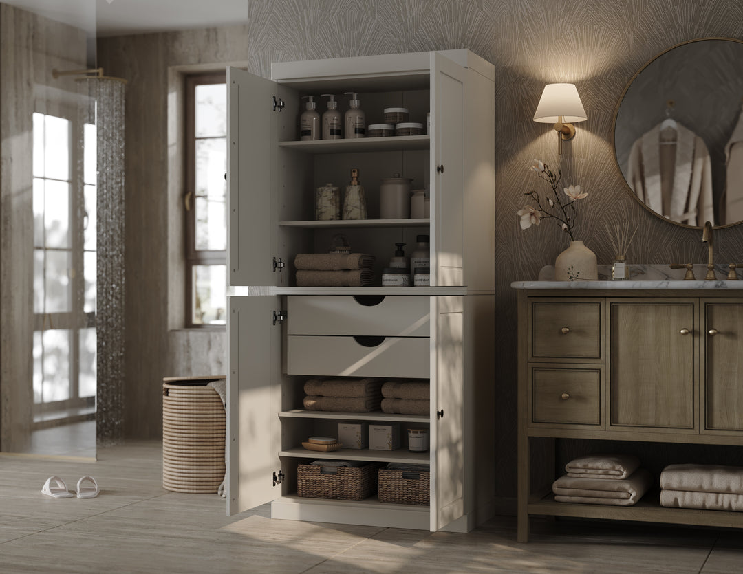 100% Solid Wood Tall Freestanding Modular Bathroom Linen Storage Cabinet with Raised Panel Doors, 2 Drawers, Adjustable Shelves, 32" W x 71.5" H