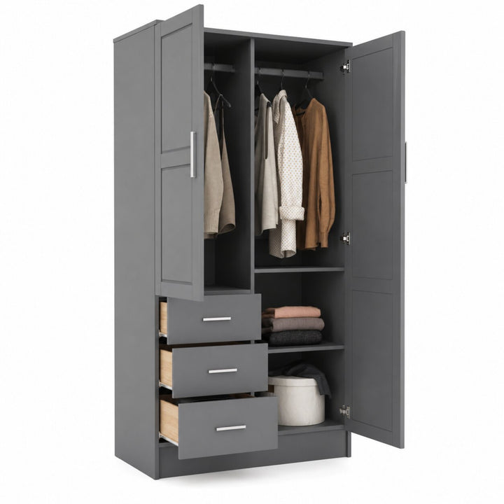 100% Solid Wood 2-Door Wardrobe Armoire with Raised Panel Doors, Bedroom Closet Storage - Metro Collection
