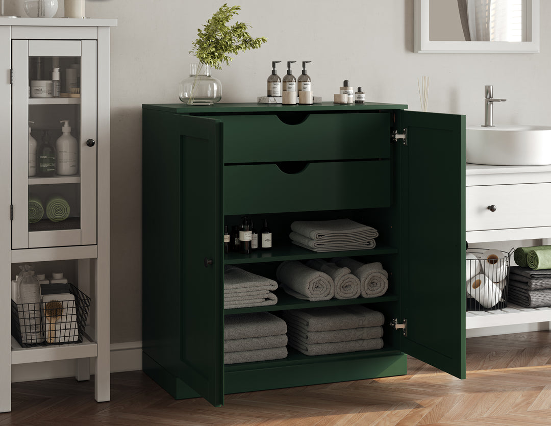 100% Solid Brazilian Pine Wood Bathroom Storage Cabinet, Shaker Doors, 2 Drawers, Adjustable Shelves, 32" Wide, 35.75" Tall