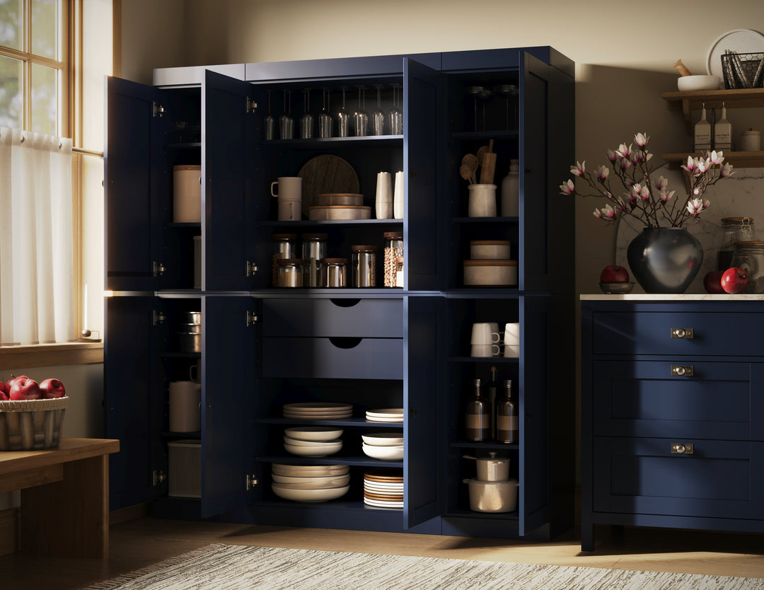 100% Solid Wood 65" Pantry Cabinet, 8 Shaker Wood Doors, 2 Drawers