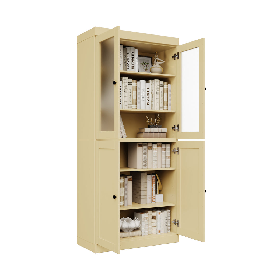 100% Solid Wood 6-Shelf 32" Bookcase, 2 Frosted Glass, 2 Shaker Wood Doors, Adjustable Shelves