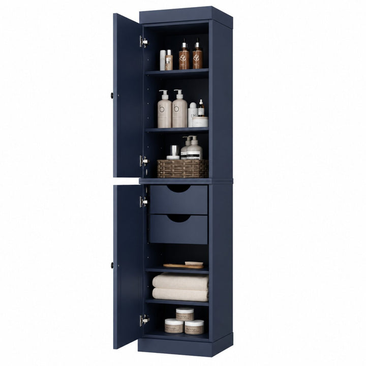 100% Solid Wood Bathroom Storage Cabinet, Shaker Doors, 2 Drawers, Adjustable Shelves, 16.5" Wide, 71.5" Tall