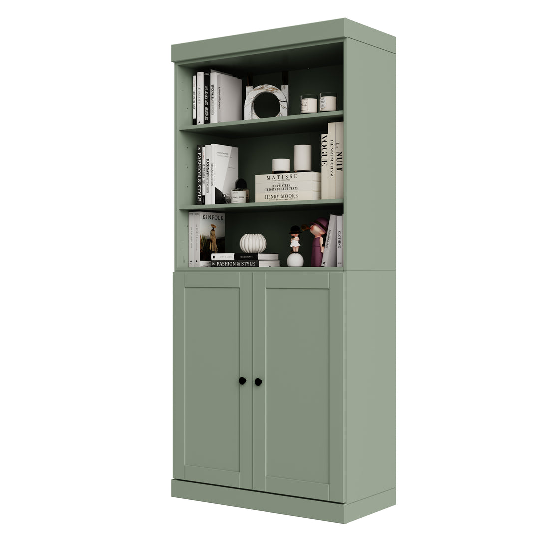 100% Solid Wood 6-Shelf 32" Bookcase Cabinet, 2 Solid Shaker Wood Doors, Adjustable Shelves