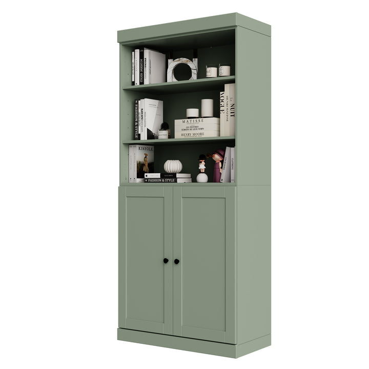 100% Solid Wood 6-Shelf 32" Bookcase Cabinet, 2 Solid Shaker Wood Doors, Adjustable Shelves