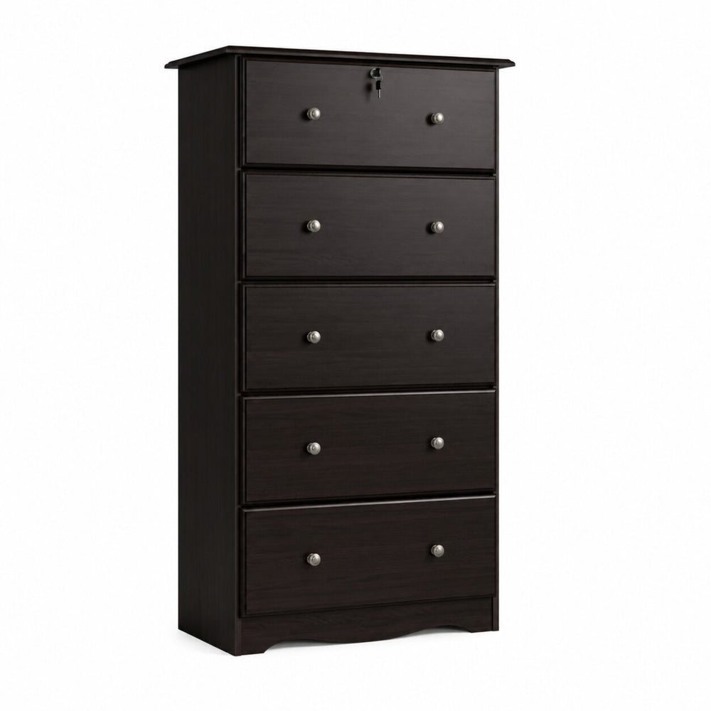 A tall, narrow five-drawer chest of drawers in a dark espresso wood finish, featuring small round silver knobs and a lock on the top drawer, shown against a plain white background.
