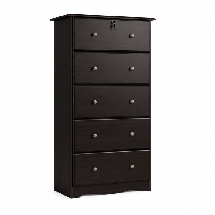 A tall, narrow five-drawer chest of drawers in a dark espresso wood finish, featuring small round silver knobs and a lock on the top drawer, shown against a plain white background.