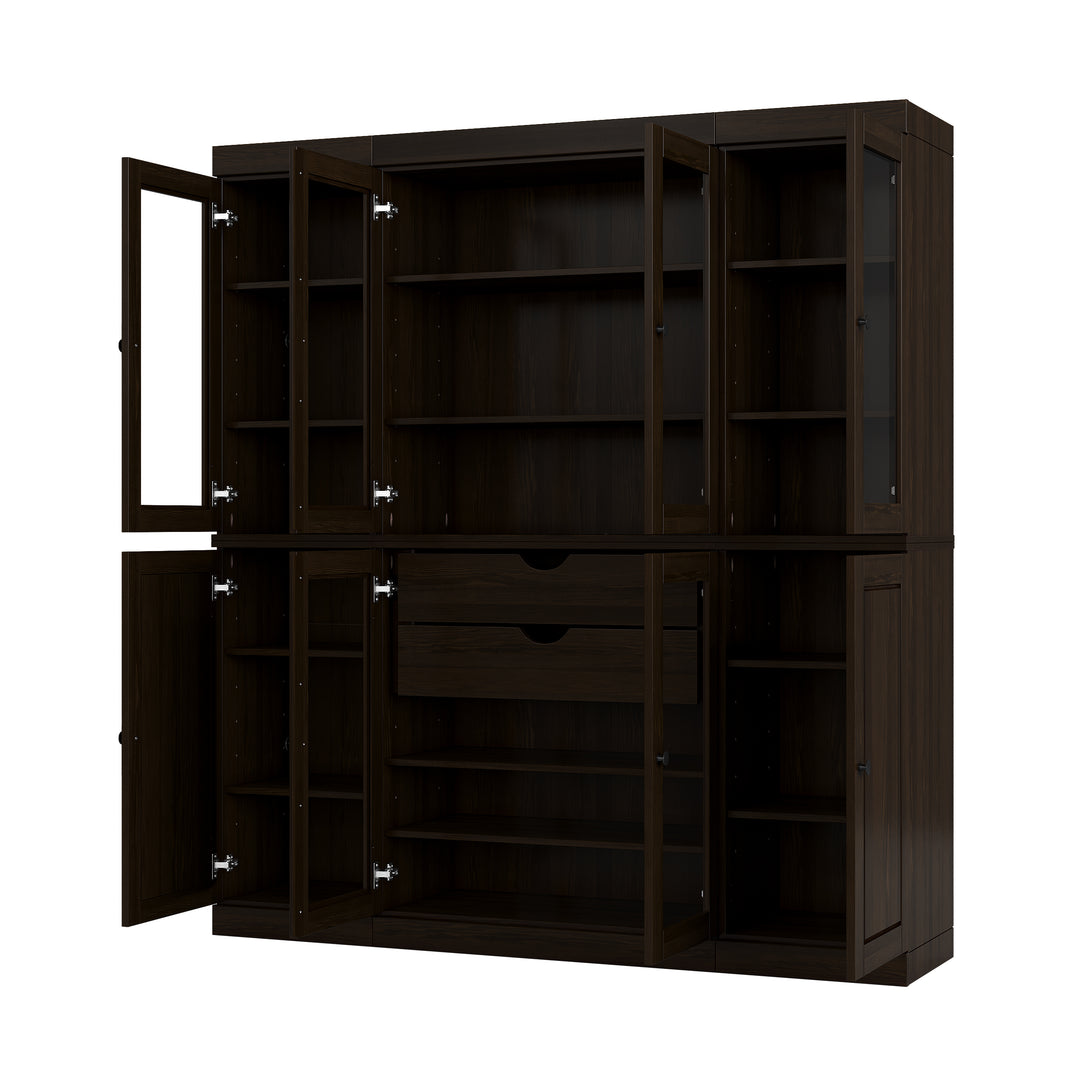 100% Solid Wood Kitchen Pantry Cabinet, Tall Freestanding Modular Storage with Glass Doors & 2 Drawers, Adjustable Shelves, 65" W x 71.5" H