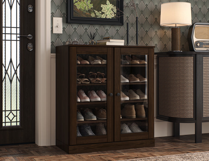 100% Solid Wood Glass Door Shoe Storage Cabinet with Adjustable Shelves, Space Saving Stackable Entryway Organizer, 32" W x 35.75" H