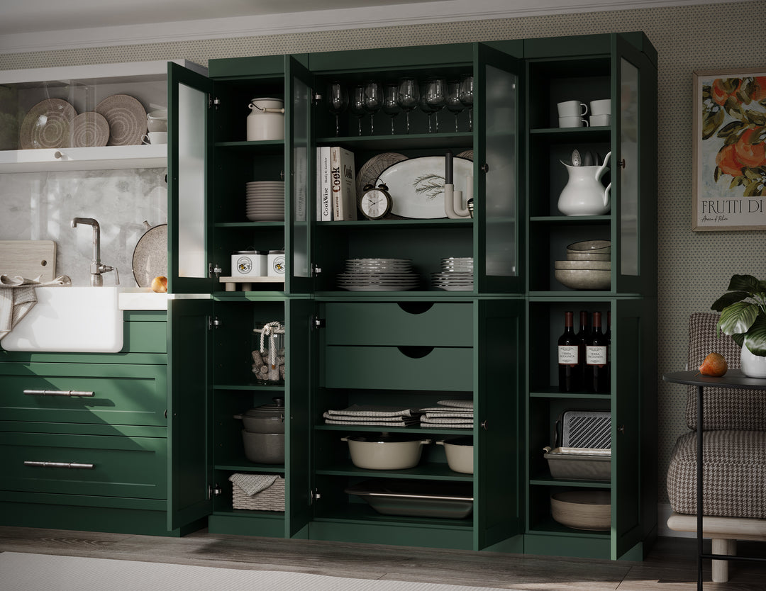 Green 65" Solid Wood Kitchen Pantry Cabinet with Frosted Glass & Shaker Doors & 2 Drawers