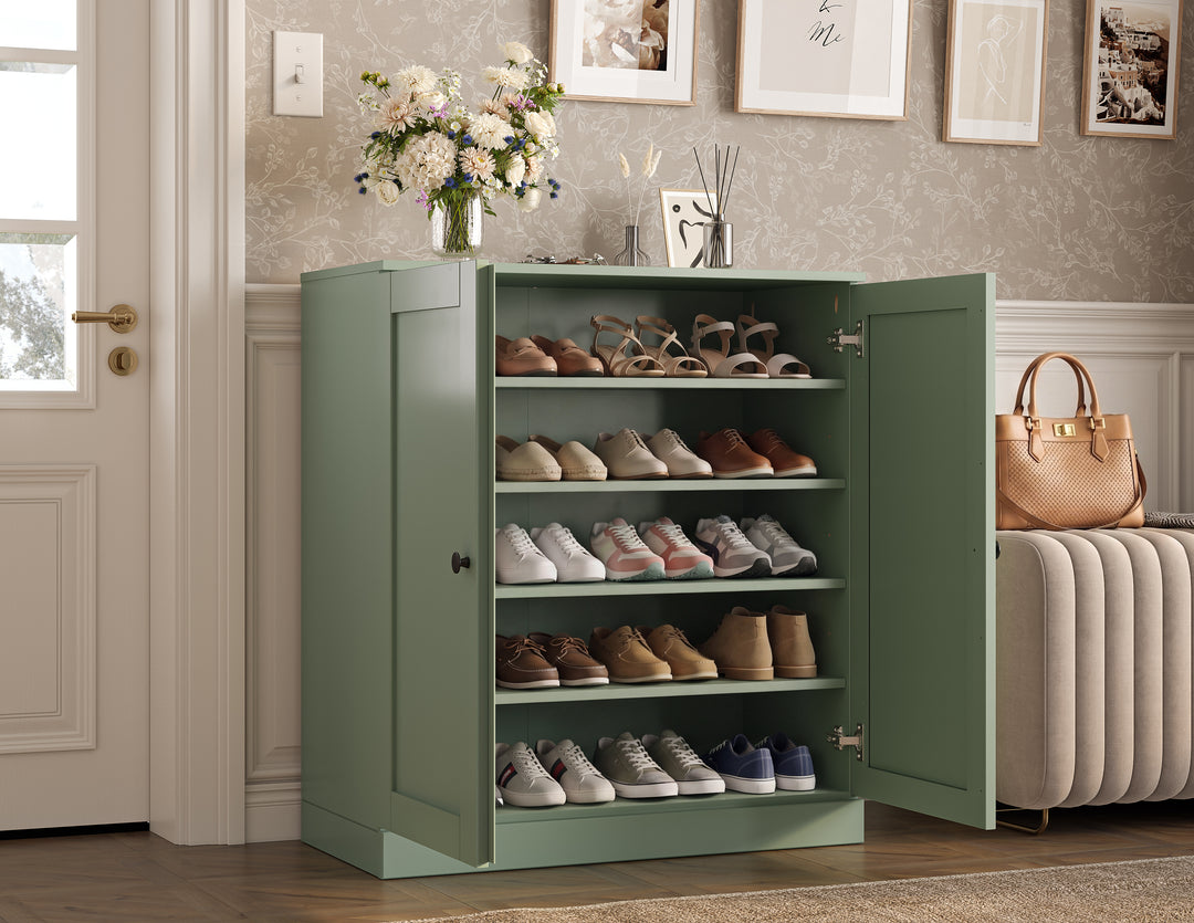 100% Solid Wood Shoe Storage Cabinet with Shaker Doors, Adjustable Shelves, Space Saving Stackable Entryway Organizer, 32" W x 35.75" H