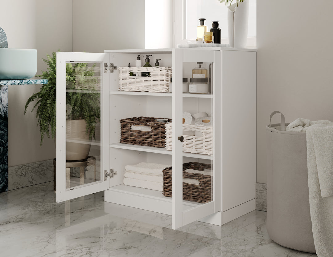 100% Solid Brazilian Pine Wood 32" Bathroom Storage Cabinet with Clear Glass Doors  and Adjustable Shelves