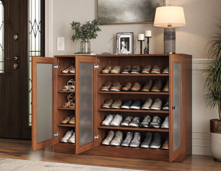 100% Solid Wood Frosted Glass Door Shoe Storage Cabinet, Adjustable Shelves, Space Saving Modular Entryway Organizer, 48.5" W x 35.75" H