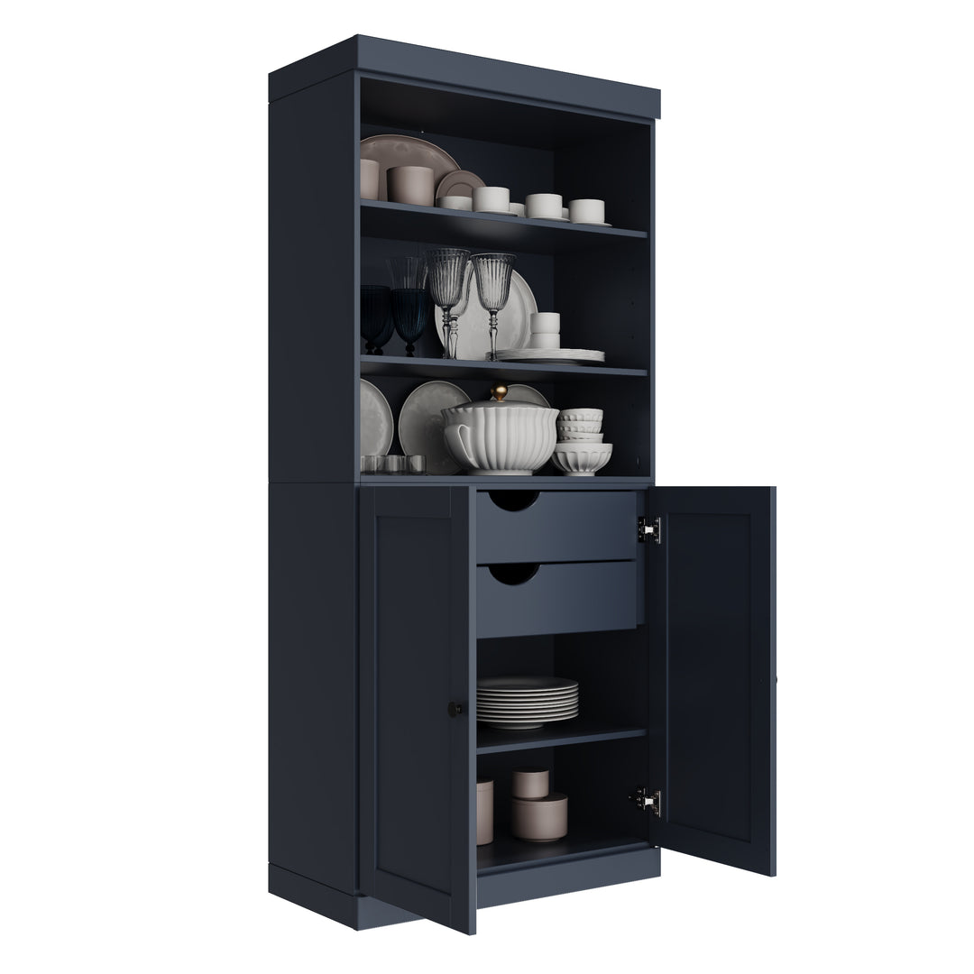 100% Solid Wood 32" Pantry Cabinet, 2 Shaker Wood Bottom Doors, 2 Drawers