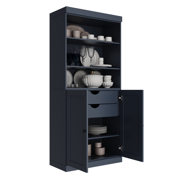 100% Solid Wood 32" Pantry Cabinet, 2 Shaker Wood Bottom Doors, 2 Drawers